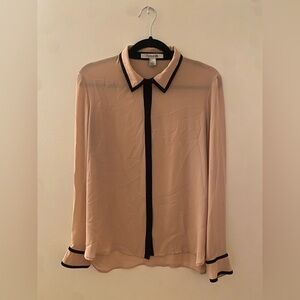 Forever 21 🐝 Sheer Blouse | Tan, Black Piping Collared Long Sleeve Women’s Large